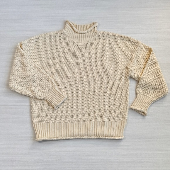 CHUNKY Cable Knit Rollneck Sweater S Cream Beige Drop Shoulder Neutral Casual - Picture 2 of 14